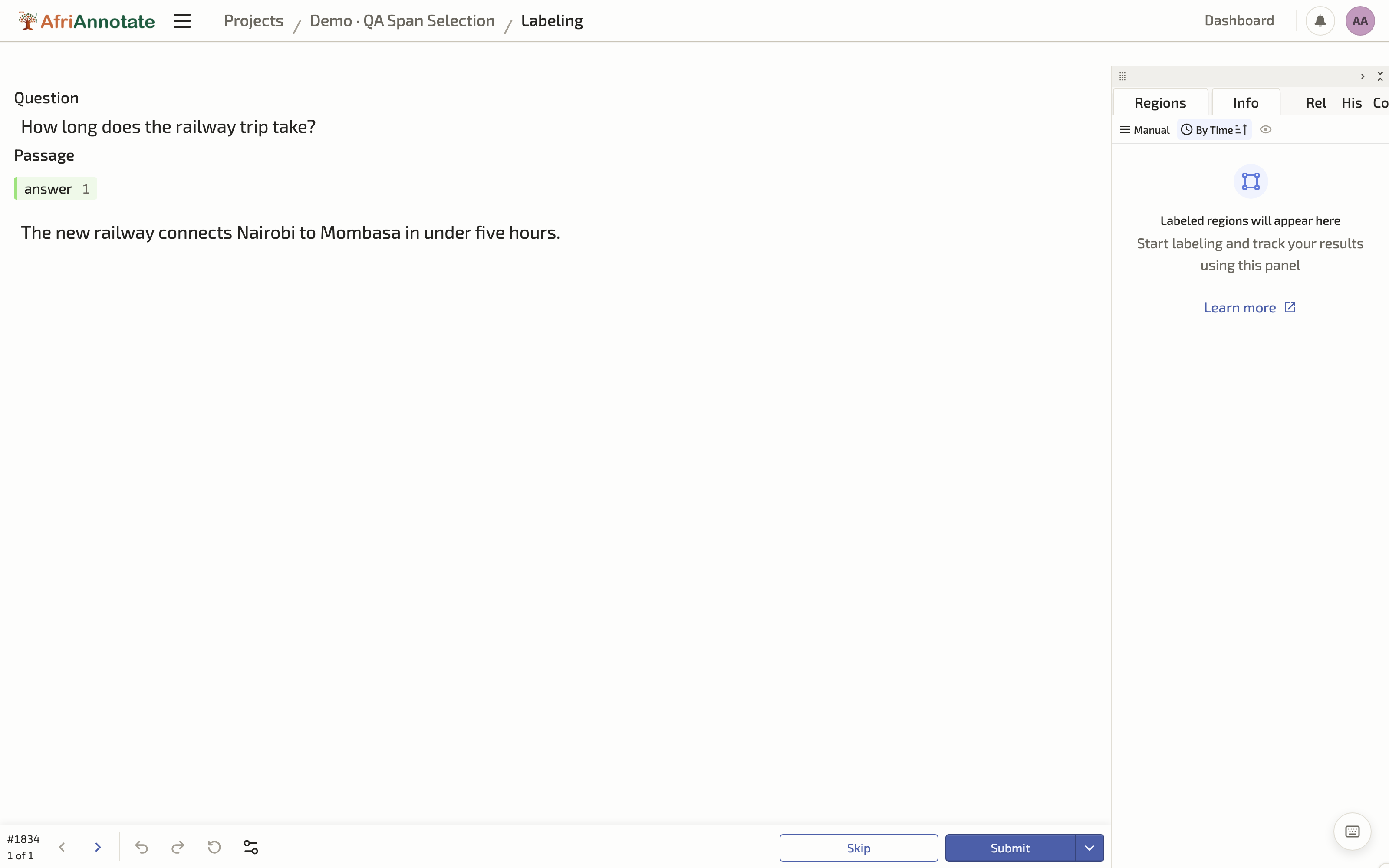 Selecting an answer span for extractive QA in AfriAnnotate
